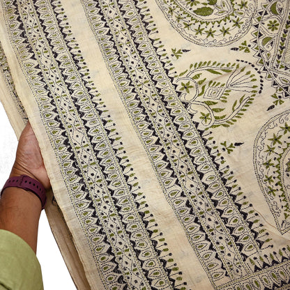 Indian Vintage Ivory Saree 100% Pure Silk Hand Embroidered Kantha Sari Fabric 5Yd Sewing Floral Sequin