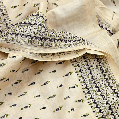 Indian Vintage Ivory Saree 100% Pure Silk Hand Embroidered Kantha Sari Fabric 5Yd Sewing Floral Sequin