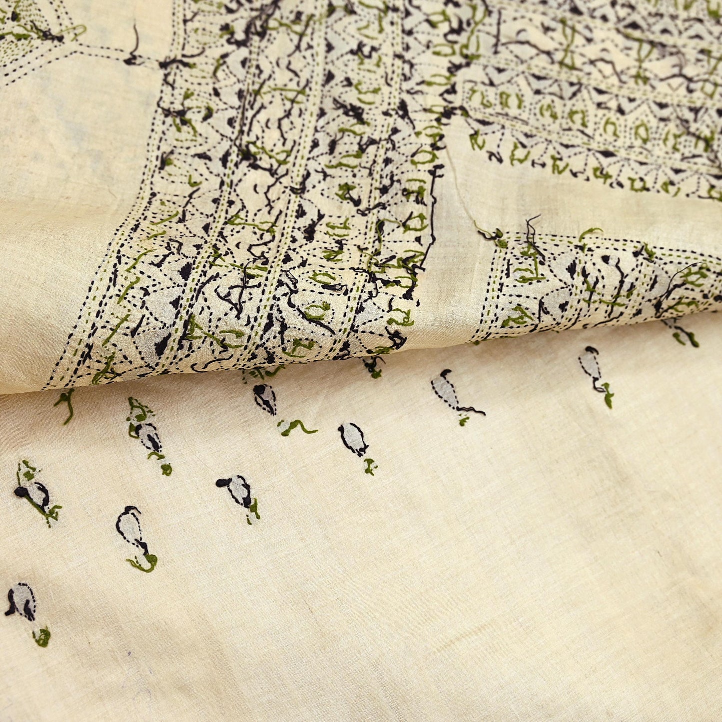Indian Vintage Ivory Saree 100% Pure Silk Hand Embroidered Kantha Sari Fabric 5Yd Sewing Floral Sequin