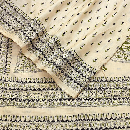 Indian Vintage Ivory Saree 100% Pure Silk Hand Embroidered Kantha Sari Fabric 5Yd Sewing Floral Sequin