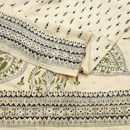 Indian Vintage Ivory Saree 100% Pure Silk Hand Embroidered Kantha Sari Fabric 5Yd Sewing Floral Sequin