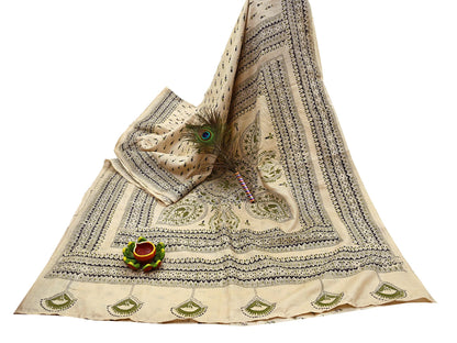 Indian Vintage Ivory Saree 100% Pure Silk Hand Embroidered Kantha Sari Fabric 5Yd Sewing Floral Sequin