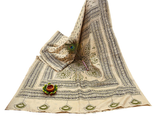 Indian Vintage Ivory Saree 100% Pure Silk Hand Embroidered Kantha Sari Fabric 5Yd Sewing Floral Sequin