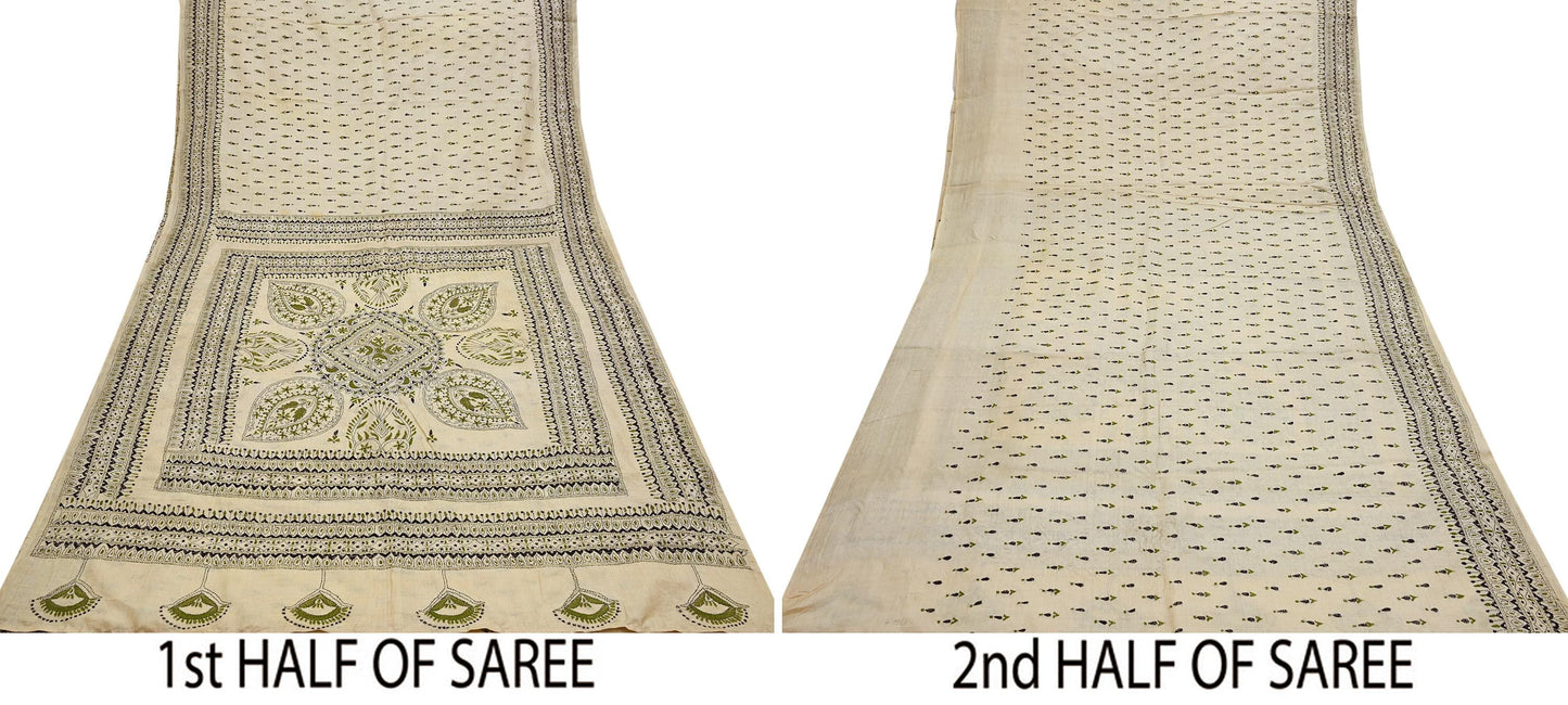 Indian Vintage Ivory Saree 100% Pure Silk Hand Embroidered Kantha Sari Fabric 5Yd Sewing Floral Sequin