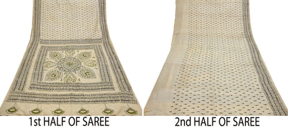 Indian Vintage Ivory Saree 100% Pure Silk Hand Embroidered Kantha Sari Fabric 5Yd Sewing Floral Sequin