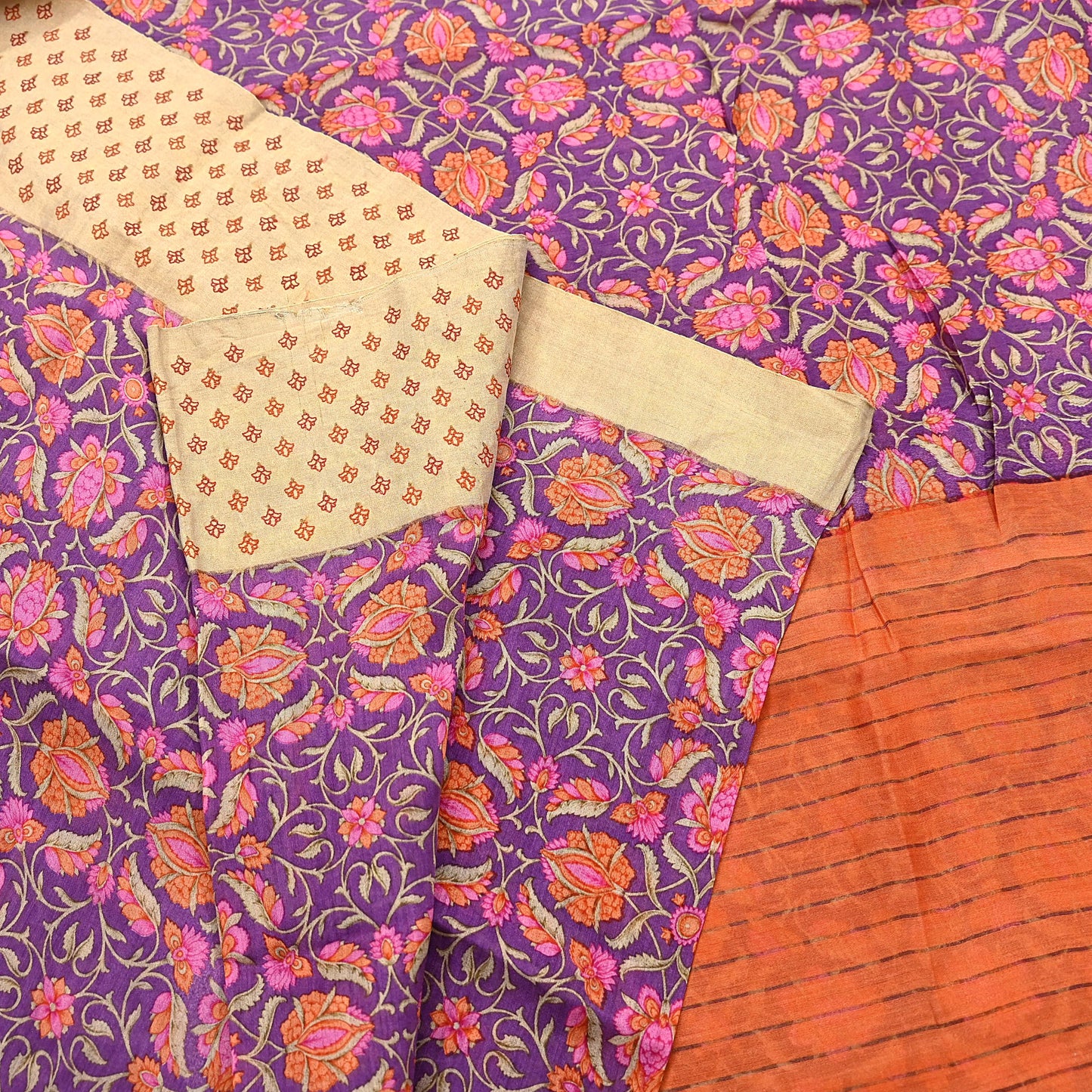 Vintage Purple orange Pure Khadi Silk Saree 5Yd Handloom Indian Sari Soft Fabric Sustainable Craft Textile Boho Dressmaking Material