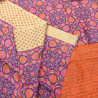 Vintage Purple orange Pure Khadi Silk Saree 5Yd Handloom Indian Sari Soft Fabric Sustainable Craft Textile Boho Dressmaking Material