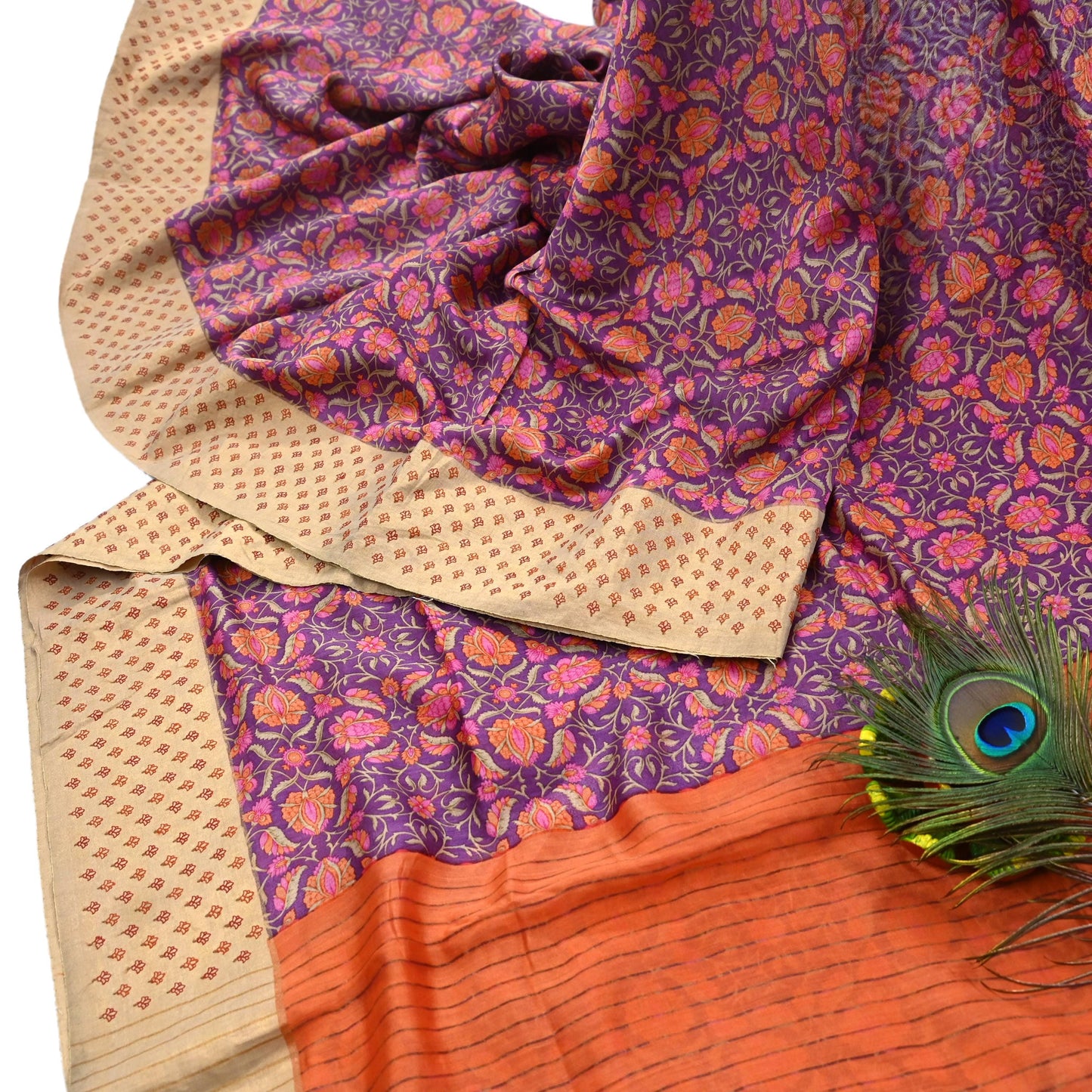Vintage Purple orange Pure Khadi Silk Saree 5Yd Handloom Indian Sari Soft Fabric Sustainable Craft Textile Boho Dressmaking Material