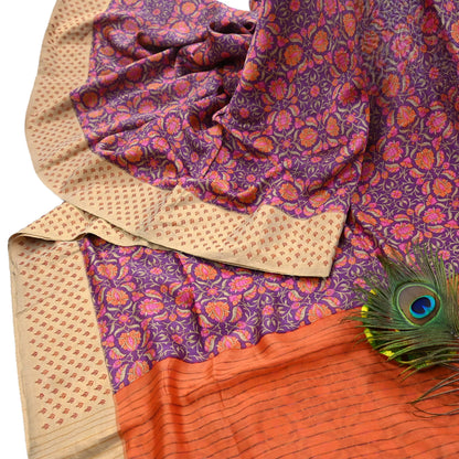 Vintage Purple orange Pure Khadi Silk Saree 5Yd Handloom Indian Sari Soft Fabric Sustainable Craft Textile Boho Dressmaking Material