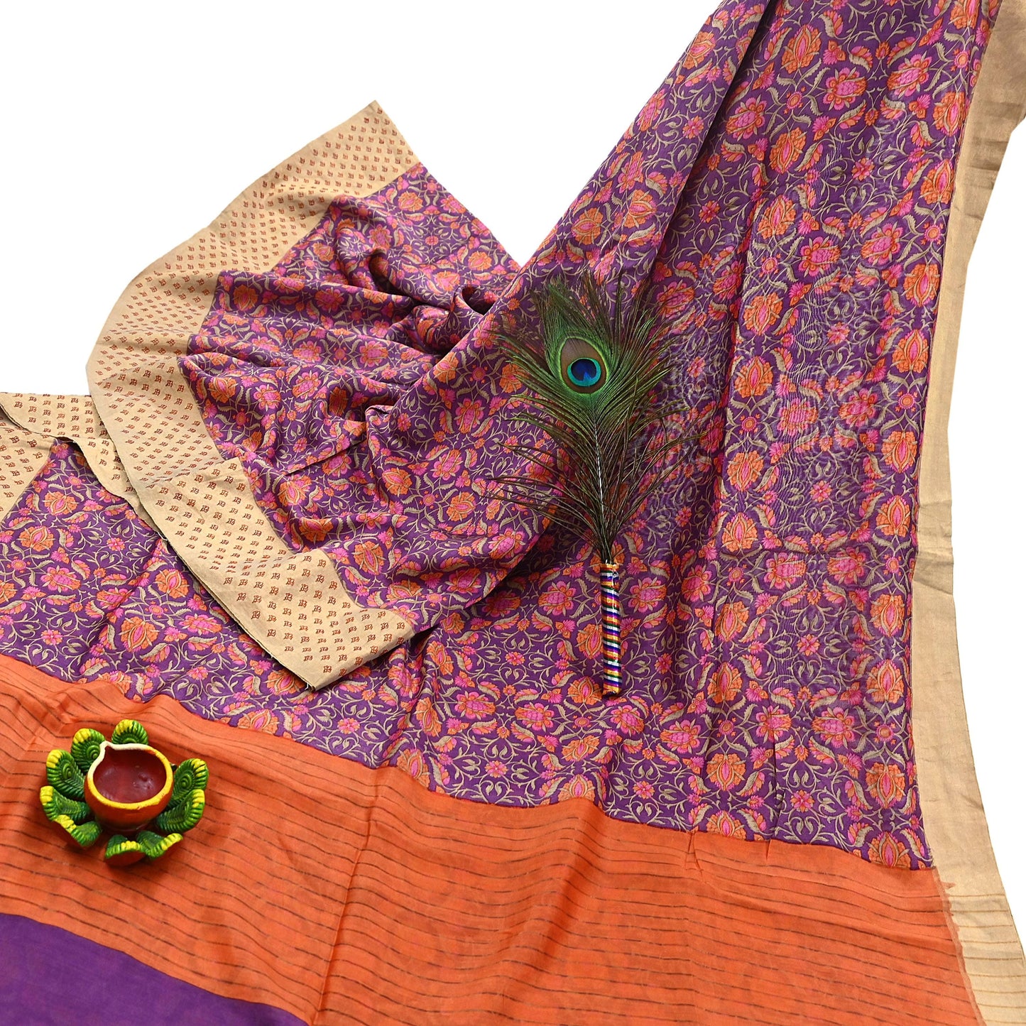 Vintage Purple orange Pure Khadi Silk Saree 5Yd Handloom Indian Sari Soft Fabric Sustainable Craft Textile Boho Dressmaking Material