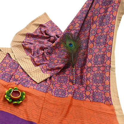 Vintage Purple orange Pure Khadi Silk Saree 5Yd Handloom Indian Sari Soft Fabric Sustainable Craft Textile Boho Dressmaking Material