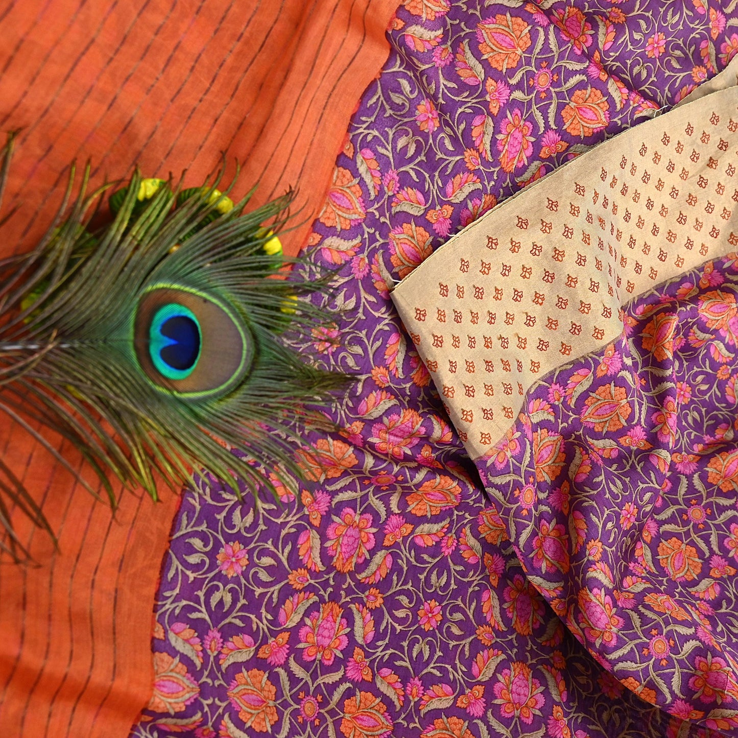 Vintage Purple orange Pure Khadi Silk Saree 5Yd Handloom Indian Sari Soft Fabric Sustainable Craft Textile Boho Dressmaking Material