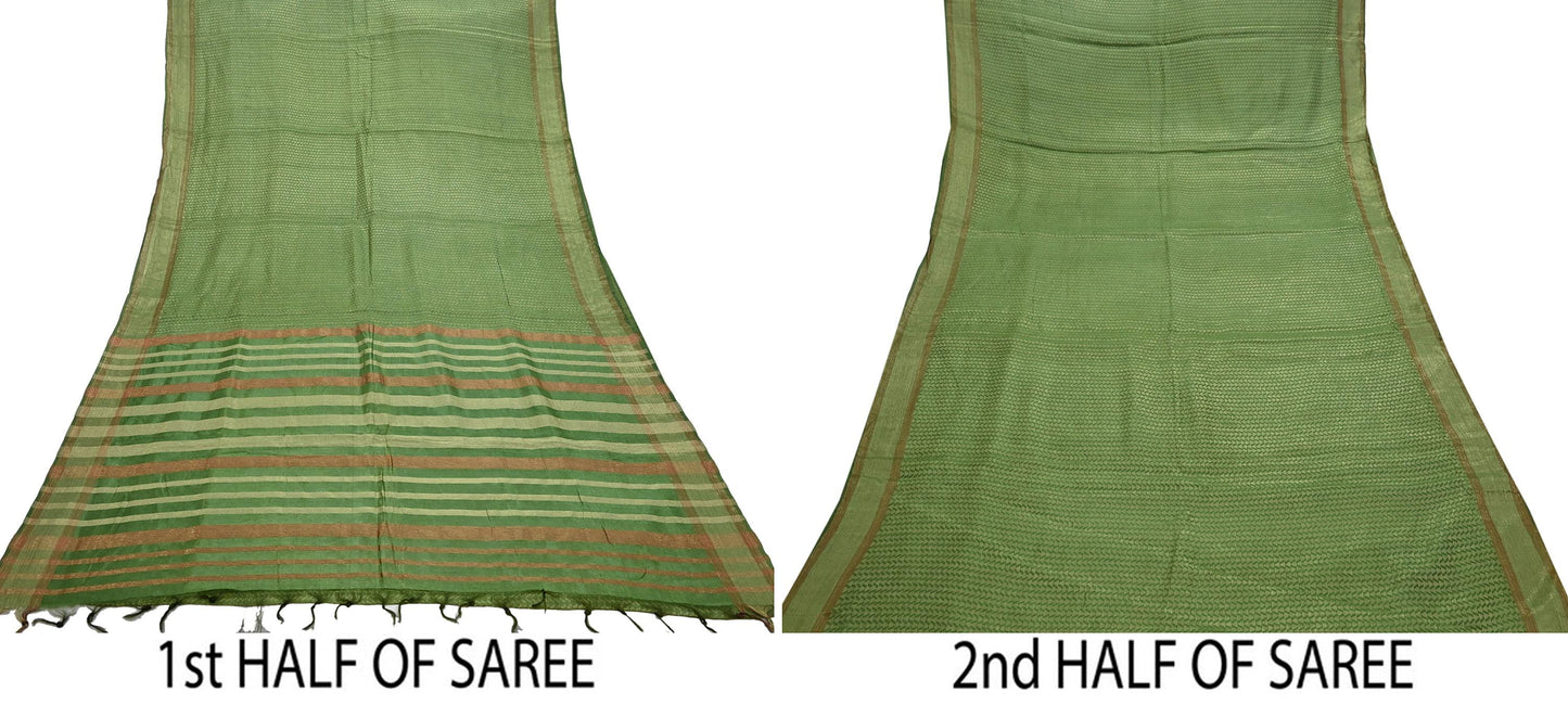 Indian Vintage Heavy Sari Green Pure Khadi Silk Handloom Saree Craft Fabric 5yd Ethnic Wear Dress making For Crafting Quilting