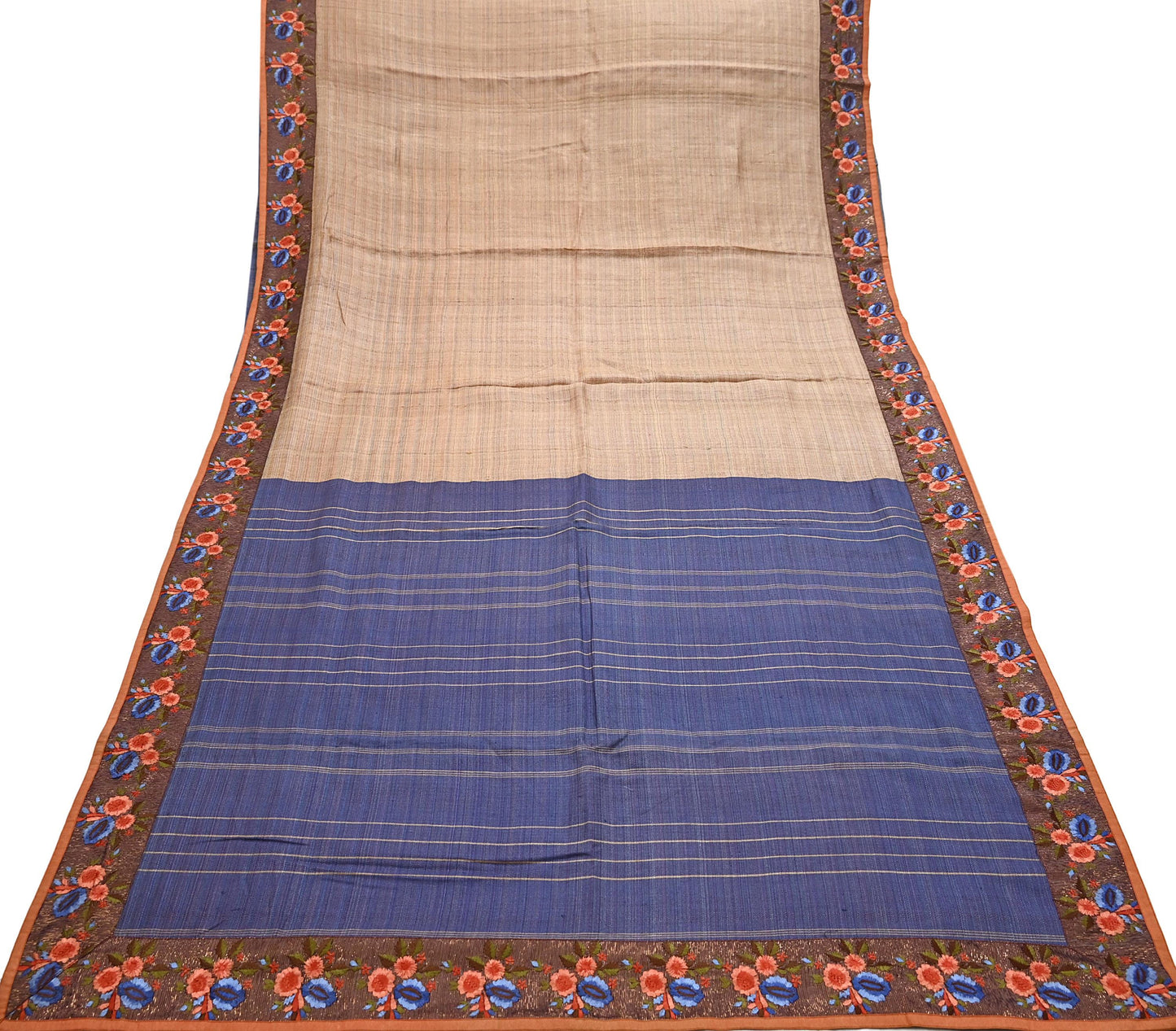 Vintage Blue beige Green Wool Saree Indian Pure Wool Floral Woven Fabric 5 Yard Soft Warm Craft Material for Winter Dressmaking & Sewing