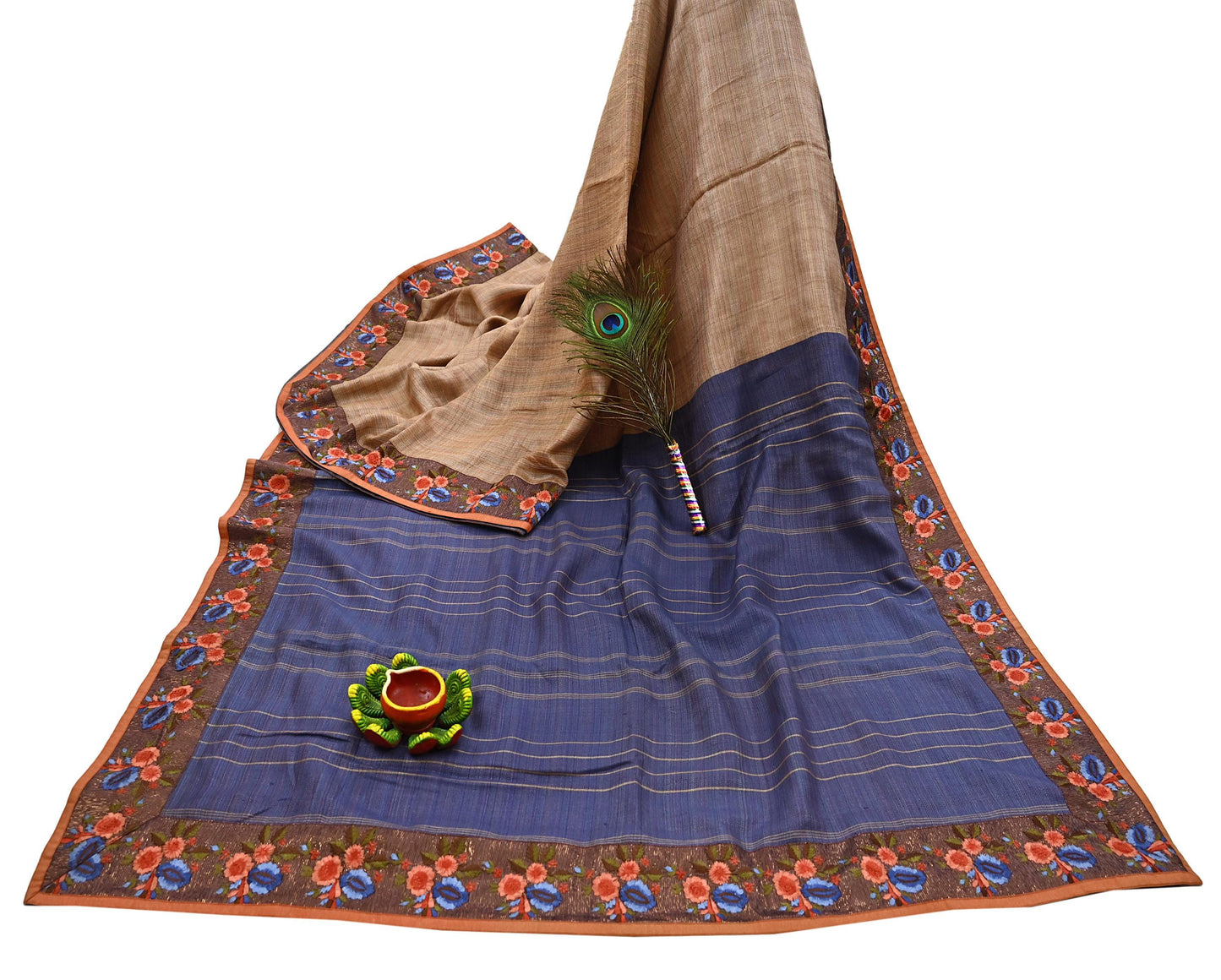 Vintage Blue beige Green Wool Saree Indian Pure Wool Floral Woven Fabric 5 Yard Soft Warm Craft Material for Winter Dressmaking & Sewing