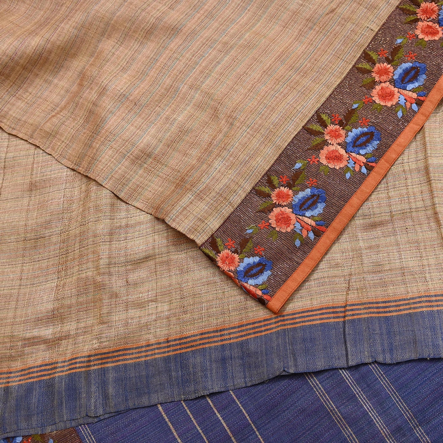 Vintage Blue beige Green Wool Saree Indian Pure Wool Floral Woven Fabric 5 Yard Soft Warm Craft Material for Winter Dressmaking & Sewing
