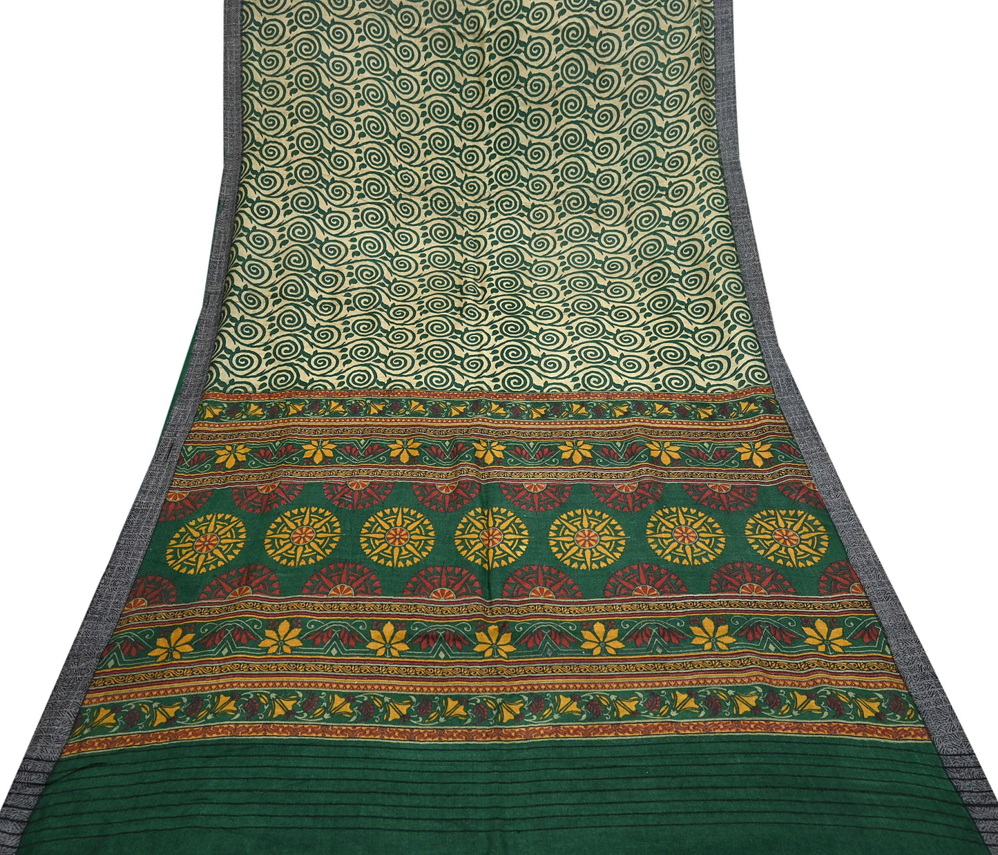 Vintage Beige Green Wool Saree Indian Pure Wool Floral Woven Fabric 6 Yard Soft Warm Craft Material for Winter Dressmaking & Sewing