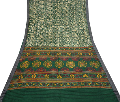 Vintage Beige Green Wool Saree Indian Pure Wool Floral Woven Fabric 6 Yard Soft Warm Craft Material for Winter Dressmaking & Sewing