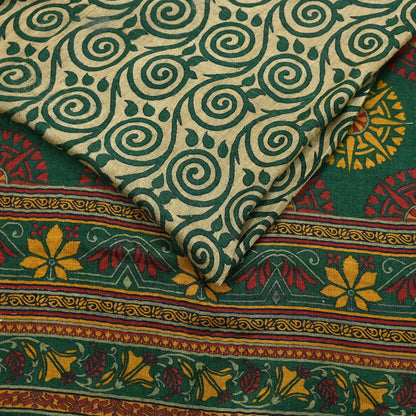 Vintage Beige Green Wool Saree Indian Pure Wool Floral Woven Fabric 6 Yard Soft Warm Craft Material for Winter Dressmaking & Sewing