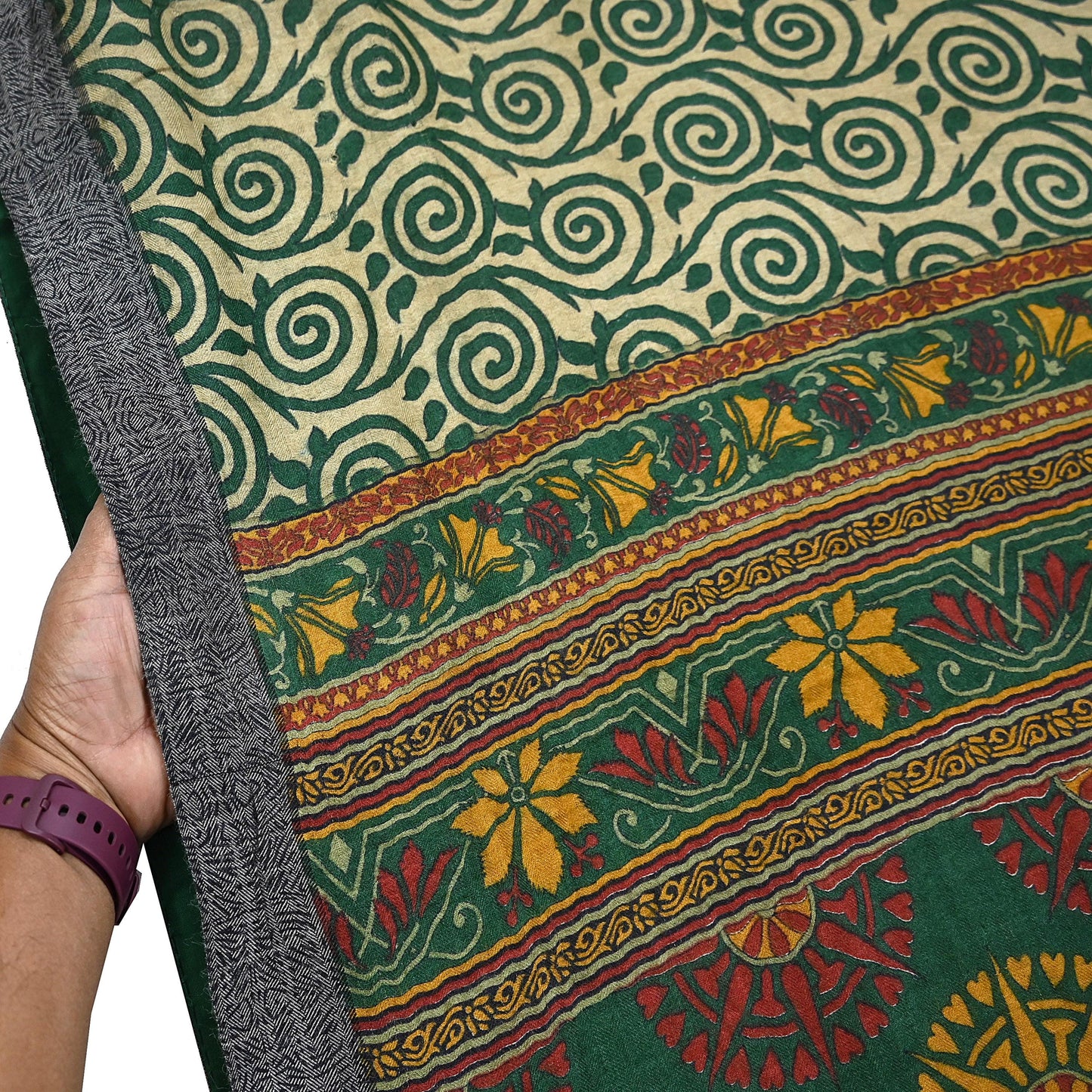 Vintage Beige Green Wool Saree Indian Pure Wool Floral Woven Fabric 6 Yard Soft Warm Craft Material for Winter Dressmaking & Sewing