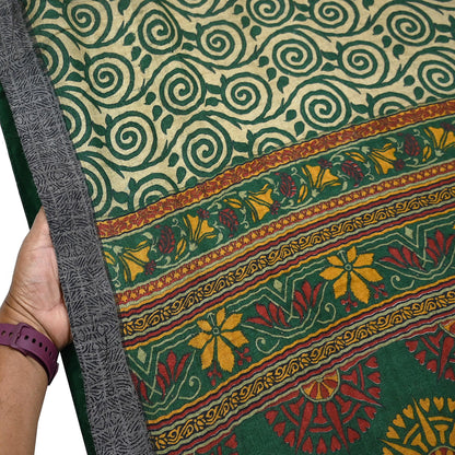 Vintage Beige Green Wool Saree Indian Pure Wool Floral Woven Fabric 6 Yard Soft Warm Craft Material for Winter Dressmaking & Sewing