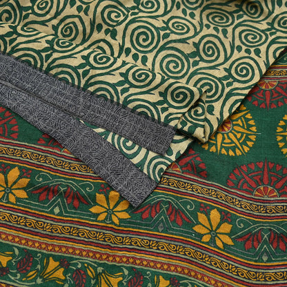 Vintage Beige Green Wool Saree Indian Pure Wool Floral Woven Fabric 6 Yard Soft Warm Craft Material for Winter Dressmaking & Sewing