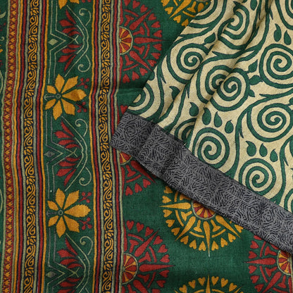 Vintage Beige Green Wool Saree Indian Pure Wool Floral Woven Fabric 6 Yard Soft Warm Craft Material for Winter Dressmaking & Sewing