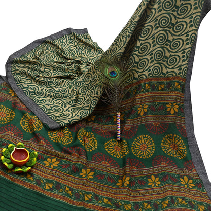 Vintage Beige Green Wool Saree Indian Pure Wool Floral Woven Fabric 6 Yard Soft Warm Craft Material for Winter Dressmaking & Sewing