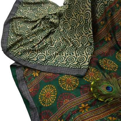 Vintage Beige Green Wool Saree Indian Pure Wool Floral Woven Fabric 6 Yard Soft Warm Craft Material for Winter Dressmaking & Sewing