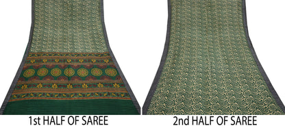 Vintage Beige Green Wool Saree Indian Pure Wool Floral Woven Fabric 6 Yard Soft Warm Craft Material for Winter Dressmaking & Sewing