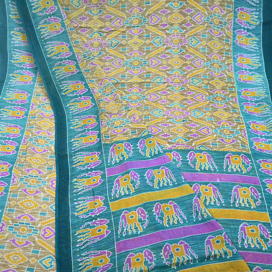 Indian Vintage Sari Beige & Green Pure Cotton Printed Sarees Craft Fabric Soft 5Yd Sarong Wrap Boho Fabric Kimono Quilting Crafting Upcycle