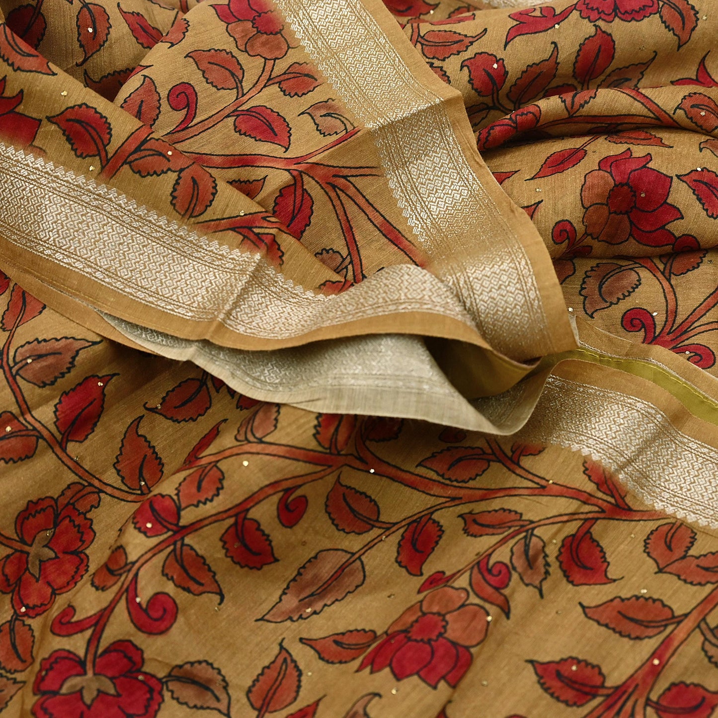 Indian Vintage Sari Pure chanderi Silk Kalamkari Print Saree Craft Fabric 5Yd Soft Zari Border Dress making bollywood Crafting mukesh