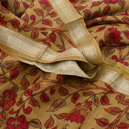 Indian Vintage Sari Pure chanderi Silk Kalamkari Print Saree Craft Fabric 5Yd Soft Zari Border Dress making bollywood Crafting mukesh
