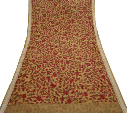 Indian Vintage Sari Pure chanderi Silk Kalamkari Print Saree Craft Fabric 5Yd Soft Zari Border Dress making bollywood Crafting mukesh
