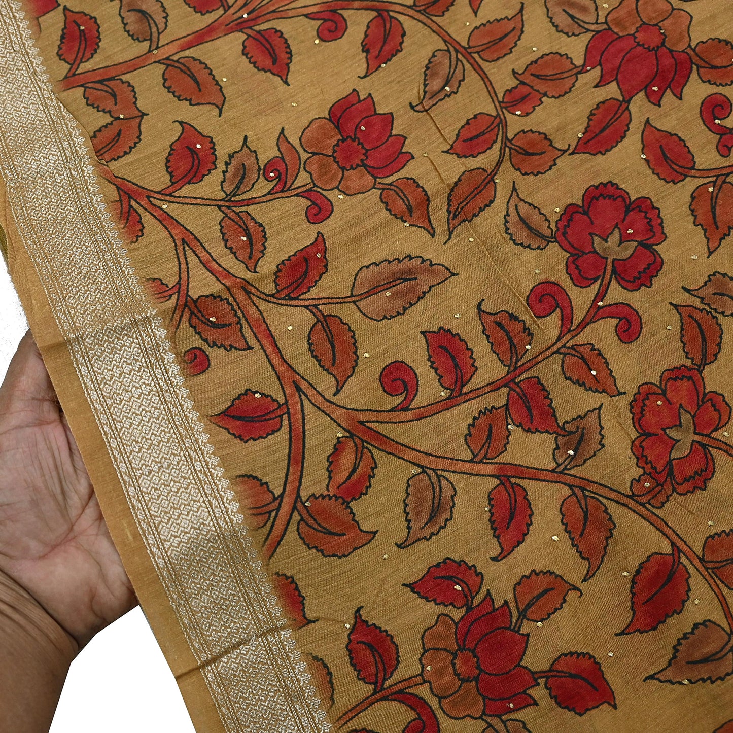 Indian Vintage Sari Pure chanderi Silk Kalamkari Print Saree Craft Fabric 5Yd Soft Zari Border Dress making bollywood Crafting mukesh