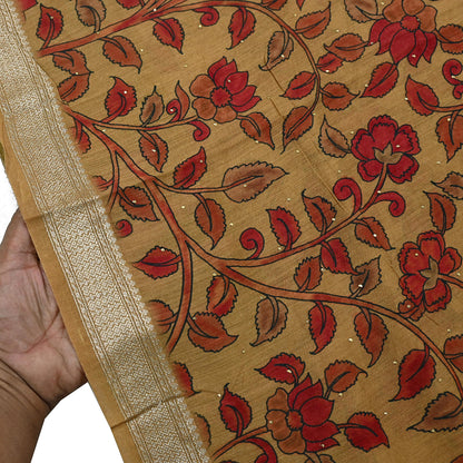 Indian Vintage Sari Pure chanderi Silk Kalamkari Print Saree Craft Fabric 5Yd Soft Zari Border Dress making bollywood Crafting mukesh