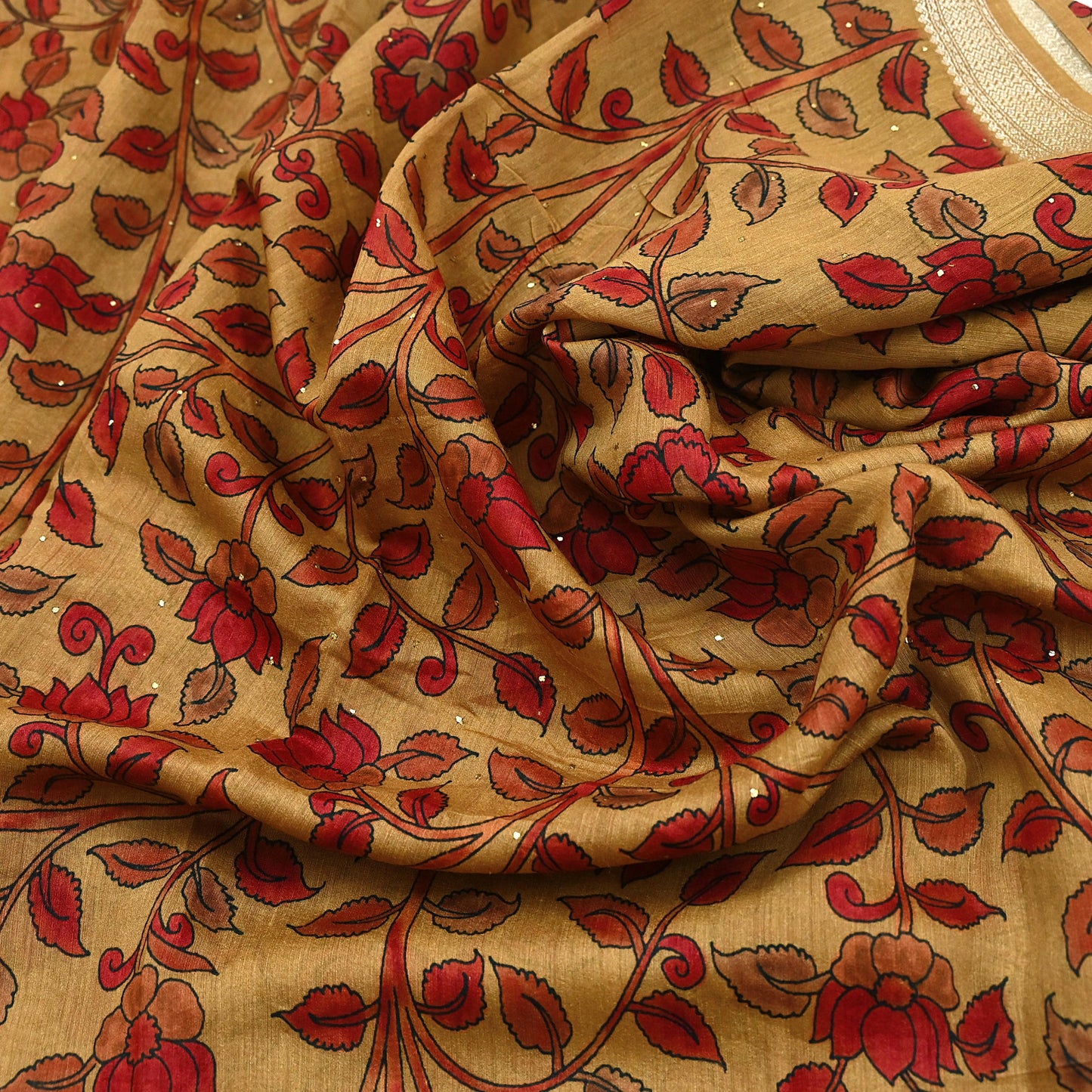 Indian Vintage Sari Pure chanderi Silk Kalamkari Print Saree Craft Fabric 5Yd Soft Zari Border Dress making bollywood Crafting mukesh