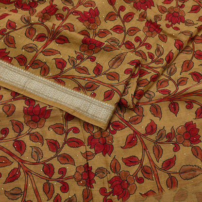 Indian Vintage Sari Pure chanderi Silk Kalamkari Print Saree Craft Fabric 5Yd Soft Zari Border Dress making bollywood Crafting mukesh