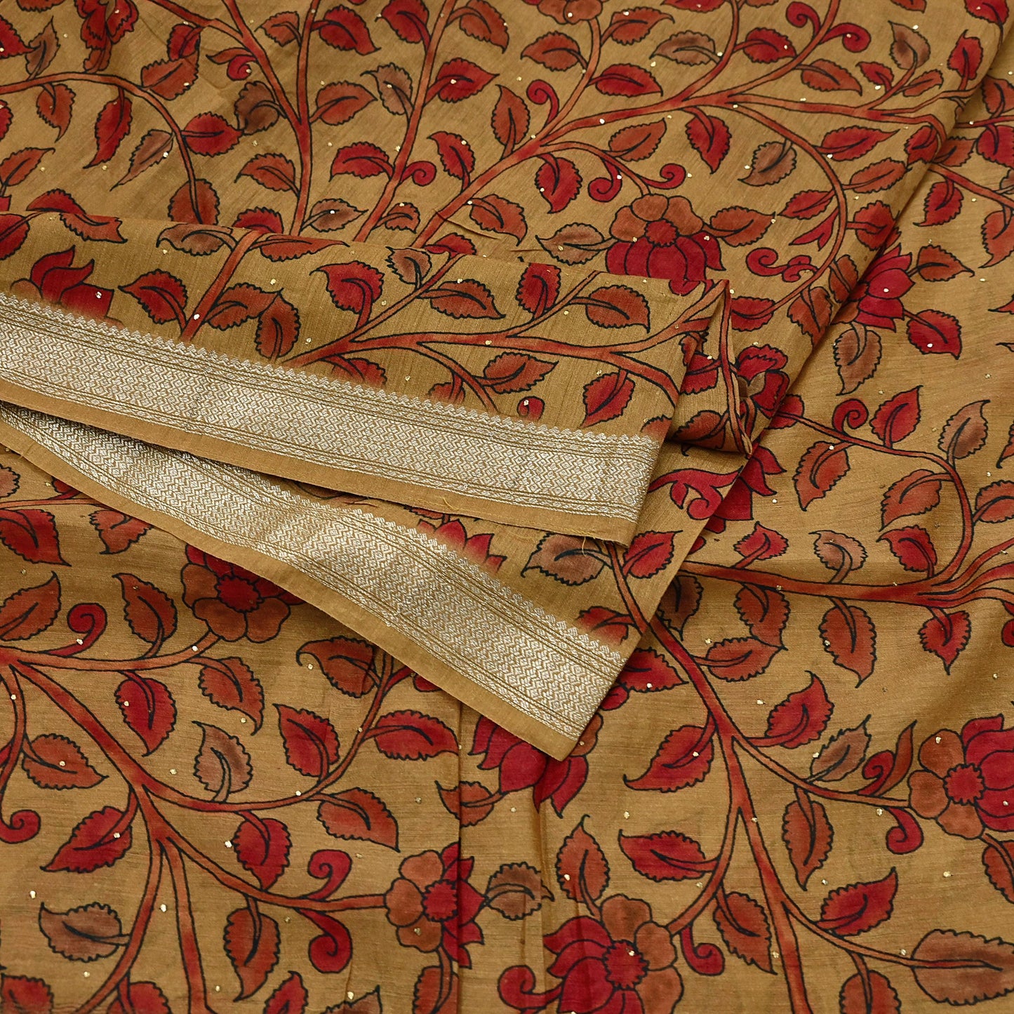 Indian Vintage Sari Pure chanderi Silk Kalamkari Print Saree Craft Fabric 5Yd Soft Zari Border Dress making bollywood Crafting mukesh