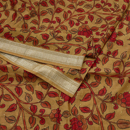 Indian Vintage Sari Pure chanderi Silk Kalamkari Print Saree Craft Fabric 5Yd Soft Zari Border Dress making bollywood Crafting mukesh