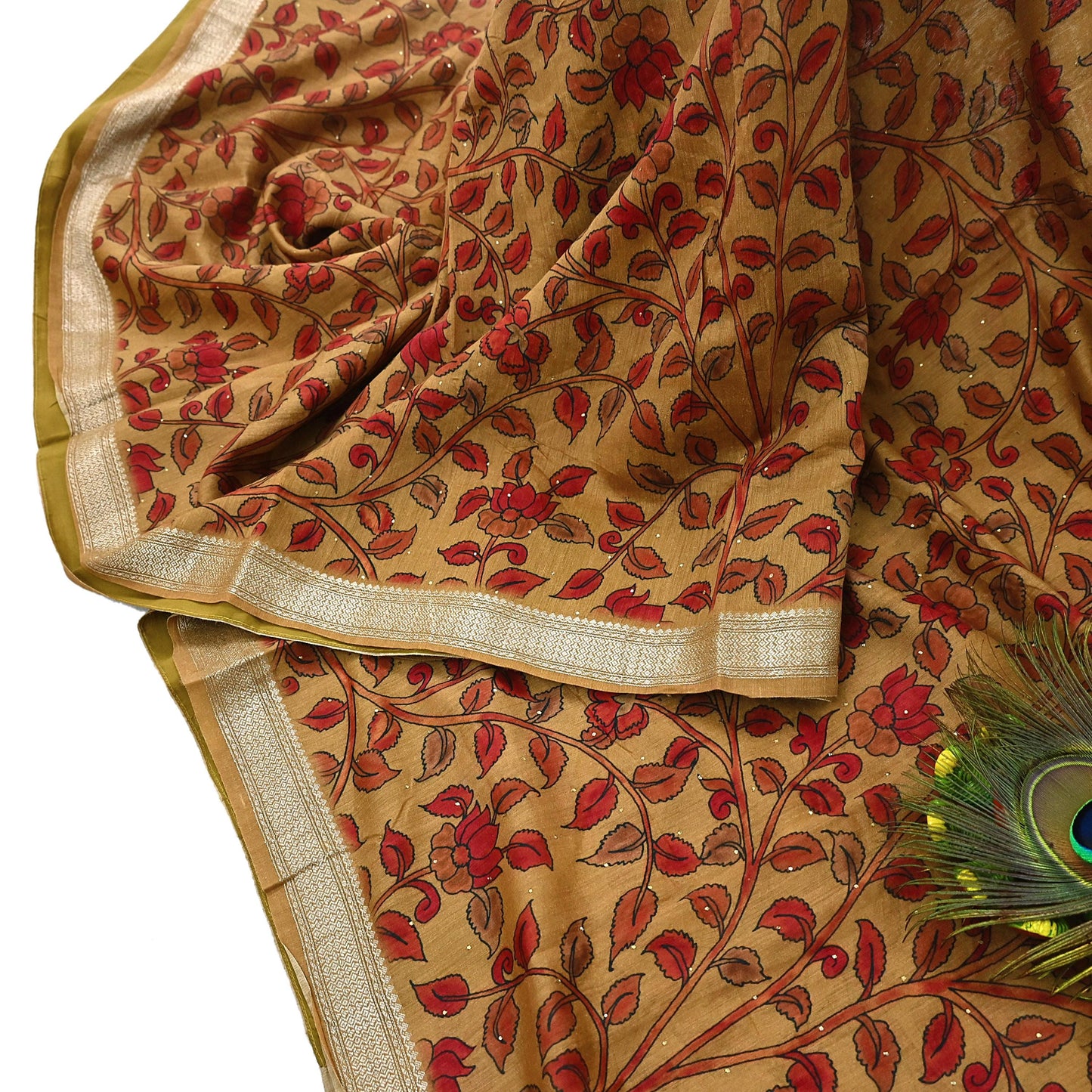 Indian Vintage Sari Pure chanderi Silk Kalamkari Print Saree Craft Fabric 5Yd Soft Zari Border Dress making bollywood Crafting mukesh