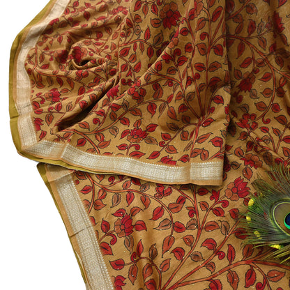 Indian Vintage Sari Pure chanderi Silk Kalamkari Print Saree Craft Fabric 5Yd Soft Zari Border Dress making bollywood Crafting mukesh