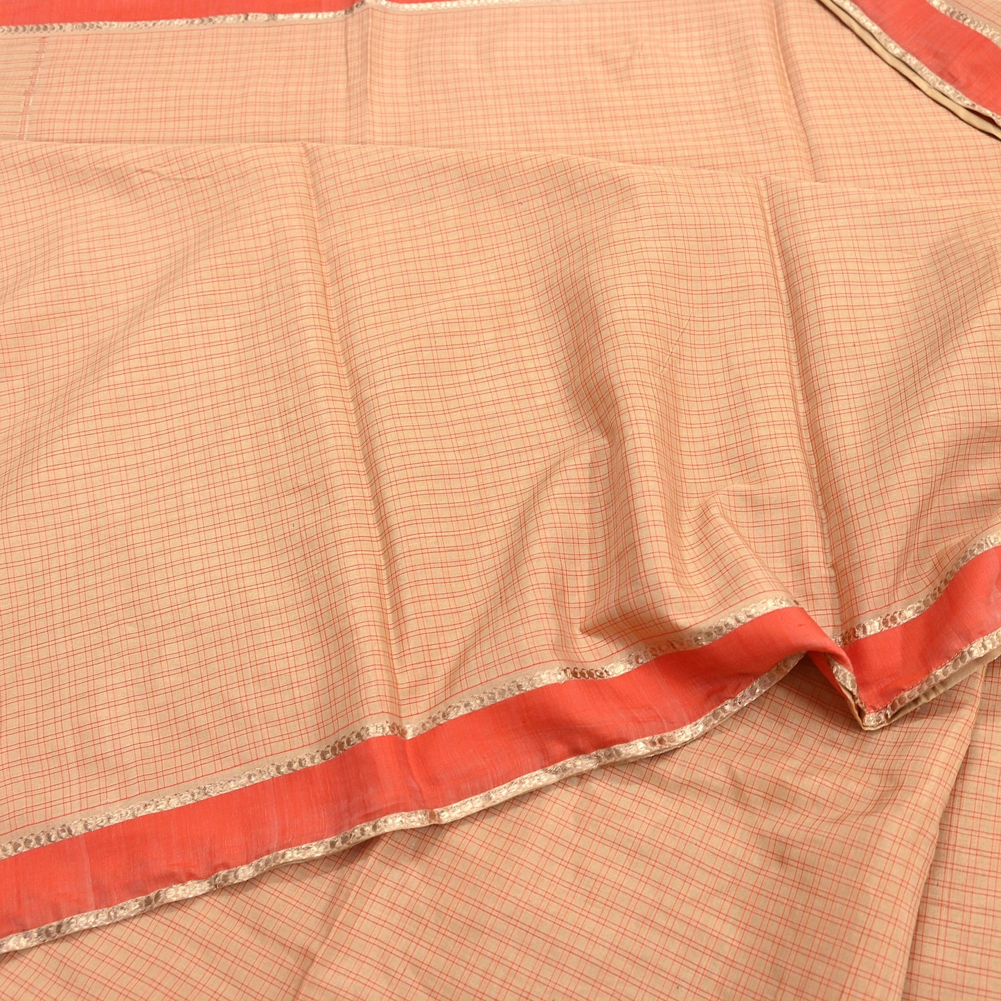 Indian Vintage Sari Beige Mysore Silk Woven Saree with Zari Border 5 Yards Soft Craft Fabric Upcycle, Quilting, Dressmaking