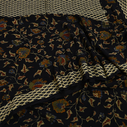 Indian Vintage Sari black & green Pure Crepe Silk Printed Saree 5yard Sewing Quilting Floral Soft Craft Fabric Wrap