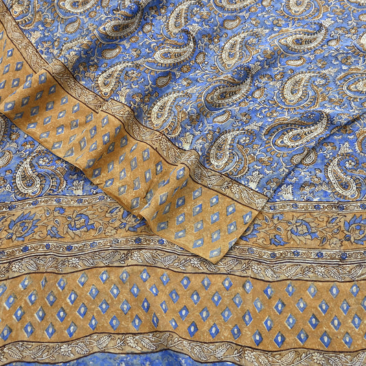 Women Vintage Sari blue beige 100% Pure Georgette Silk Block Printed Saree Craft Fabric Sewing 5Yard Soft Sari Dress Making