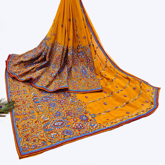 Saffron Georgette Silk Manish Malhotra Saree, Heavy Hand Embroidered Zardozi Dabka Work Indian Wedding Bridal Designer Sari with Blouse