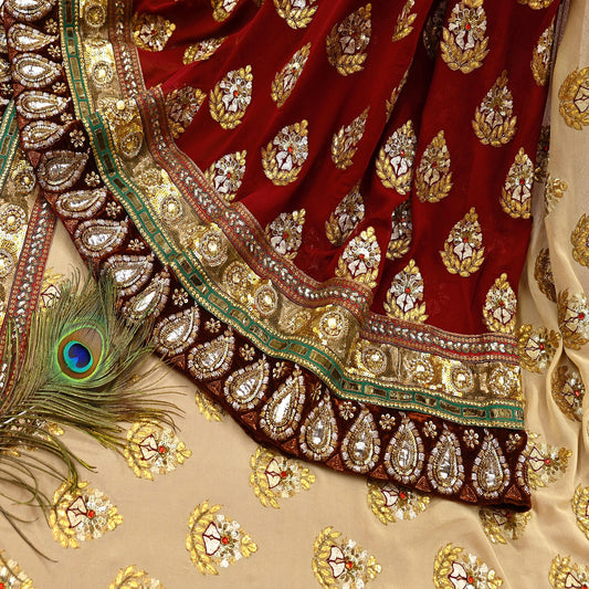 Indian Sari Red & beige Pure Georgette Silk Hand Embroidered Designer Manish Malhotra Sarees Ethnic Zardozi/Dabka Zari