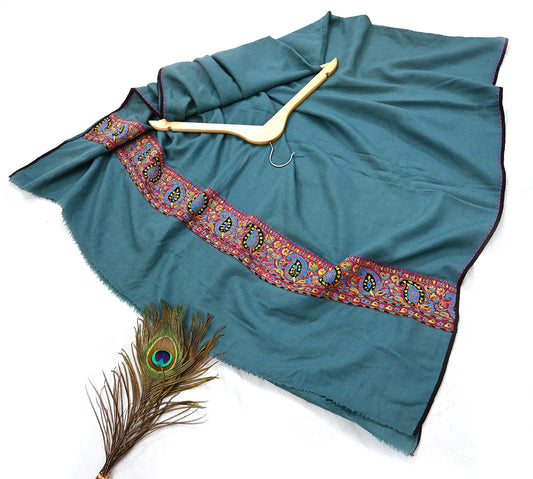 Indian Vintage teal Blue Shawl Pure Woolen Handmade Suzani Long Throw Stole Warm Floral Design Soft Cozy