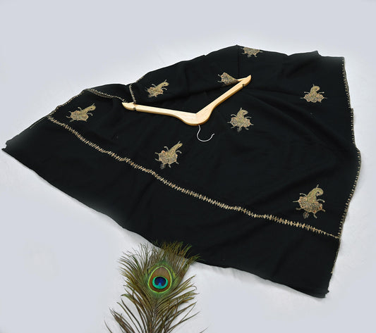 Indian Vintage Black Shawl Pure Woolen Handmade Suzani Long Throw Stole Warm Floral Design Soft Cozy