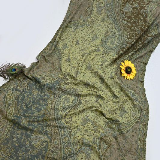 Indian Vintage Green Pure Woolen Shawl Handmade Woven Work Long Throw Stole Warm Paisley Design Soft